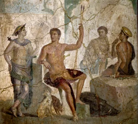 Romersk kunst: "" Meleagre og Atalante""" romersk freskomaleri fra det 1. århundre e.Kr. fra Pompei. Napoli, Nasjonalt arkeologisk museum - romersk kunst: Meleager og Atalanta. Romersk freskomaleri fra det 1. århundre e.Kr. fra Pompeii. Nasjonalt arkeologi