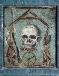 Romersk kunst: Memento Mori, symboler på liv og død. Mosaikk fra Pompeii. 2. stil. Dim. 47x41 cm Nasjonalt arkeologisk museum, Napoli