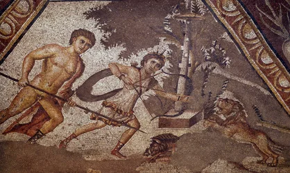 Romersk kunst: Mosaikk av årstidene fra gårdsplassen til den konstantinske villaen "" Daphne"" som representerer to jegere. Detalj. Fra Faubourg av Antioche-sur-l