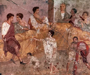 Romersk kunst: «Scene med utendørs bankett» (Utendørs bankett), romersk freske fra Triclinium-huset, Pompeii (Freske fra Casa del Triclinio, Pompeii), 40-60 e.Kr.