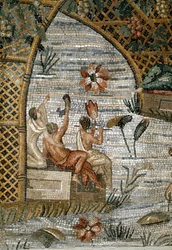Romersk kunst: detalj av den nilotiske mosaikken (Nilen) av Preneste (Palestrina) fra helligdommen til guddommeligheten til Fortune Primigenia. 80 f.Kr. Dim. 615x506 cm Palazzo Barberini Palestrina, Italia