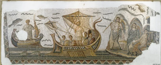 Romersk oldtid: «Odyssevs motstår Sirenenes sang på skipet sitt» (Homers Odysseen). Mosaikk. 250-270 e.Kr. Mål: 380 x 130 cm. Tunis, Bardos nasjonalmuseum