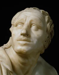 Romersk kunst: "" En sliper som sliper knivene sine"" Detalj av ansiktet hans. Romersk marmorskulptur fra 1. århundre f.Kr. etter en gresk original. Dim. 105 cm Firenze, Galleria degli Uffizi, Tribuna