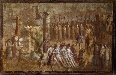 Romersk kunst: «Tabula Iliaca», den trojanske hestens inntog. Trojanerne trekker hesten mot murene mens Kassandra prøver å motsette seg dem. Freske fra Pompeii. Napoli, Museo Archeologico Nazionale