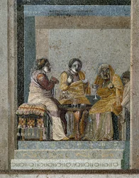 Romersk kunst: A Witch and the Preparation of a Magic Philtre. Mosaikk etter originalen til Dioscorides of Samos (eller Dioscourides) (2. århundre f.Kr.) i huset til Ciceron i Pompei