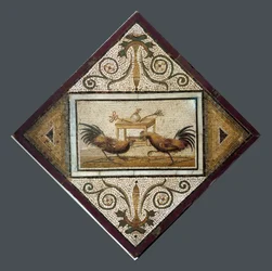 Romersk kunst: hanekamp. Mosaikk fra Pompeii. 4. stil. Det nasjonale arkeologiske museum, Napoli
