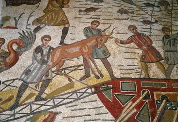 Romersk kunst: detalj av mosaikken "" Den viktigste jaktdelen"" Gaseller lastes på skip. 315-350 e.Kr. Piazza Armerina, Villa Romana del Casale