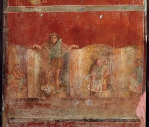 Romersk kunst: scene fra en fullonica eller foulonnerie som viser rengjøring av folks klær med føttene. Freske fra Villa Fullonica Stephani (La Fullonica de Stephanus) i Pompeii, som ble brukt som vaskeri og fargeri. Maleri fra det 1. århundre