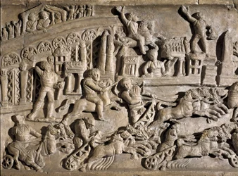 Romersk kunst: lavt relieff som representerer tankløp ved Circus Maximus (Grand Circus eller Circus Maxime) i Roma. 2. århundre e.Kr. Roma, Museo della Civilta Romana