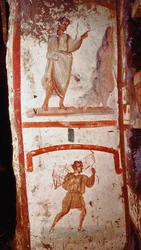 Romersk kunst: mirakel av kilden og mirakel av de lammedes krig. Fresker. Slutten av det 3. århundre etter JC. Roma, katakombene til San Marcellino og Pietro (Peter og Marcellin) - romersk kunst. Kildens mirakel og den lammedes gjenoppretting. Fr