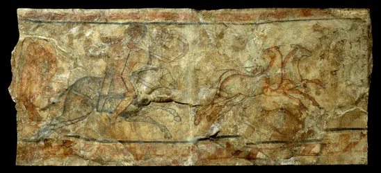 Romersk kunst: veggmaleri som viser en bueskytter som jakter på primula. fra stedet til Doura Europos i Syria (27 f.Kr.-476 e.Kr.). Søn 2,1x0,9 m