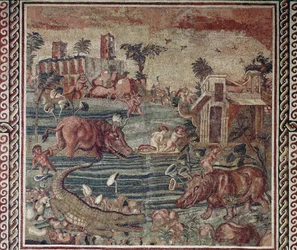 Romersk kunst: mosaikk med Nil-landskap fra en villa på Aventinerhøyden, Roma, 1.-2. århundre. Roma, Museo Nazionale Romano i Palazzo Massimo, inv. 171