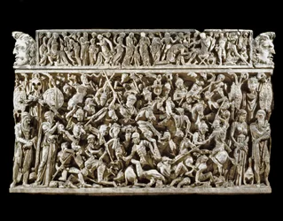 Romersk kunst: kampscene mellom romerske krigere og barbarer under markomannerkrigene. Relieff fra den såkalte Portonaccio-sarkofagen til en general under Marcus Aurelius. 180-190. Roma, Museo Nazionale Romano (eller delle Terme)