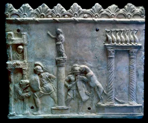 Romersk kunst: scene for kamp av gladiatorer mot beist eller venatio. 1. århundre f.Kr. Genève, museum for kunst og historie
