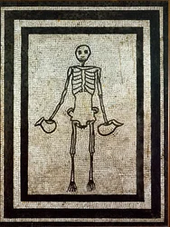 Romersk kunst: skjelett med to kanner. Mosaikk fra det 1. århundre fra Pompeii. Det nasjonale arkeologiske museum, Napoli, Italia