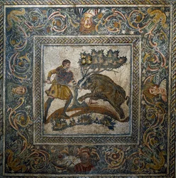 Romersk kunst: "" villsvinjakt""" Mosaikk fra det 4. århundre e.Kr. fra den romerske villaen Las Tiendas. Merida, Nasjonalmuseet for romersk kunst, Spania
