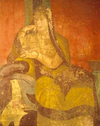 Romersk kvinne, detalj av maleri fra Cult of Dionysian Mysteries, Second Pompeian Style, Villa of Mysteries, Pompeii, Campania, Roman Civilization