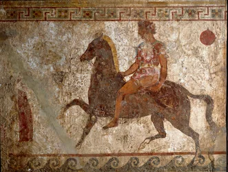 Samnittisk rytter. Gravmaleri fra det 4. århundre f.Kr., fra Paestum i Italia. Freske. Museo nazionale archeologico, Napoli (Napoli nasjonale arkeologiske museum).