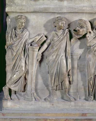 Sarcophagus of the Muses, detalj av Clio og Thalia, ca. 160 e.Kr. marmor