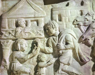 Scene med hjortejakt med garn, romersk Scarcophage, 4. århundre (relieff)