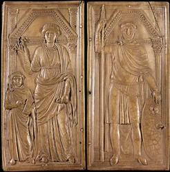 Stilicon (Flavius Stilicho eller Stiliccho, 360-408), general og politiker fra det gamle Roma av barbarisk opprinnelse (vandalfar og romersk mor). "" Diptych of Stilicon"": Stilicon-pistol og kona Serena og sønnen Eucherio. Elfenben run