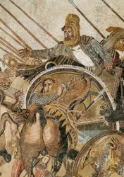 Slaget ved Issos, vunnet av Aleksander III den store over Dareios (Darius) III Kodomannos (335 - 331 f.Kr.). Mosaikk fra Pompeii. Detalj. Museo Archeologico Nazionale, Napoli. (Fra Pompeii, Faunens hus)
