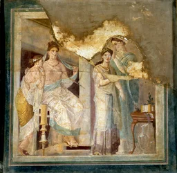 Toalettscene og en dames klær: Slaver ordner håret til en jente. Fra Herculaneum (Fresko)