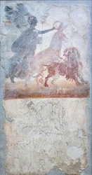 Et esel som penetrerer en løve er kronet av gudinnen Victoria, under en graffiti med gladiatorkamp, insigna av en butikk