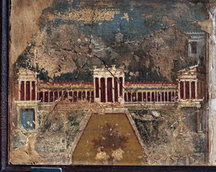 Gammel romersk freskomaleri med arkitektoniske temaer fra Pompeii