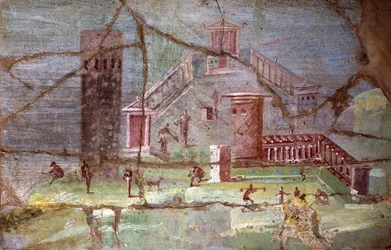Gammel romersk freskomaleri med landskap fra Pompeii