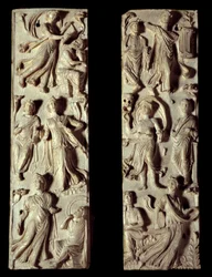 Antikkens Roma: utskåret diptyk i elfenben som representerer seks muser og seks poeter (eller filosofer). 500-tallet etter JC. Paris, Louvre-museet