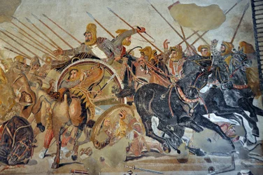 Detalj av en mosaikk fra Pompeii: Slaget ved Issos mellom Aleksander og Dareios (4. århundre f.Kr.). Kong Dareios 3. Kodomannos (380-330 f.Kr.), fortvilet på stridsvognen sin. Opus vermiculatum. Det nasjonale arkeologiske museum i Napoli, Italia.