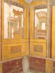 Detalj av freskomalerier i faux arkitektur, House of Vettii, Pompeii, Campania, romersk sivilisasjon