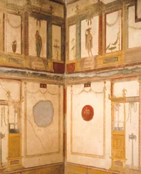 Detalj av fresker som dekorerer rommet, House of Vettii, Pompeii, Campania, romersk sivilisasjon