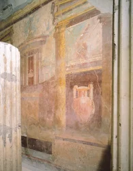 Detalj av fresker i tricliniumhallen, House of Labyrinth, Pompeii, Campania, romersk sivilisasjon