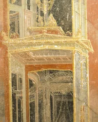Freskomaleri som skildrer arkitektonisk dekorasjon, House of Loreio Tiburtino, Pompeii, Campania, romersk sivilisasjon
