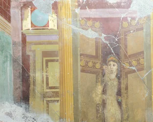Freske som viser falsk arkitektonisk dekorasjon og kvinneskikkelse, fra House of Fabius Rufus, Pompeii, Campania, romersk sivilisasjon