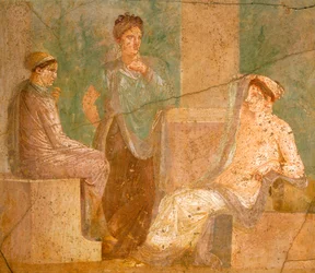 Freske som viser en gruppe romerske damer i samtale, fra House of Ancient Hunt, i Pompeii, Campania, romersk sivilisasjon