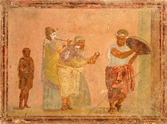 Freske som viser omreisende musikere, fra Pompeii, Campania, den romerske sivilisasjonen