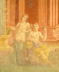 Fresco i fjerde pompeiiansk stil på rød bakgrunn, House of Pinario Ceriale, Pompeii, Campania, romersk sivilisasjon