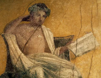 Gresk dramatiker Menander, detalj fra freskomaleri, peristyle av House of Menander, Pompeii, Campania, Italia, romersk sivilisasjon