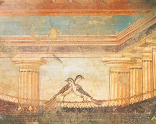 Hera Sannita freskomaleri som viser fugler, House of Labyrinth, Pompeii, Campania, romersk sivilisasjon