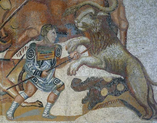 Mosaikk som viser en scene av en villdyrjakt, detalj av en gladiator som dreper et vilt dyr