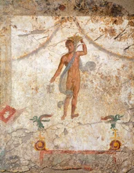 Maleri i den fjerde pompeianske stilen som viser et geni med en kurv og situla