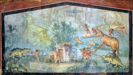 Maleri på gips som viser en nilotisk scene med pygmeer som angriper krokodiller og flodhester, 75x127 cm, fra Pompeii (UNESCOs verdensarvliste