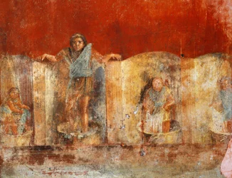 Søylefreskomaleri som viser ullproduksjon, fra Pompei, Fullonica fra Veranio Ipseo