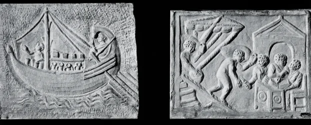 Relieff som viser et handelsskip (Museo Nazionale, Roma) og relieff som viser lossingen av et skip (Museo Torlonia, Roma), 3. eller 4. århundre