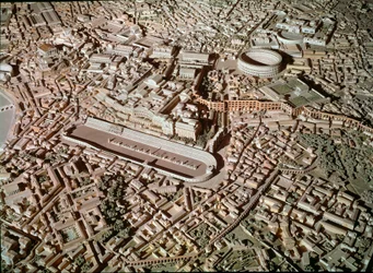 Romersk kunst: modell som viser byen Roma i antikken. I sentrum Circus Maximus eller Det store sirkuset, beregnet på stridsvognløp. Roma, Museo della Civiltà Romana. Romersk kunst. Circus Maximus og etruskiske murer. Detalj fra rekonstruksjonsmodellen