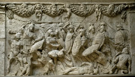 Romersk kunst: scene for kamp mellom romere og gallere. Gjengivelse av et lavt relieff fra Mausolee of Glanum, et begravelsesmonument fra Galloromain bygget mellom 30 og 20 f.Kr. til hyllest til Julius-familien. Roma, Museo della Civilta Romana