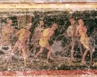 Romersk kunst: slaver, detalj av fresken på frisen i rom C, Villa Farnesina, Roma, Museo Nazionale Romano